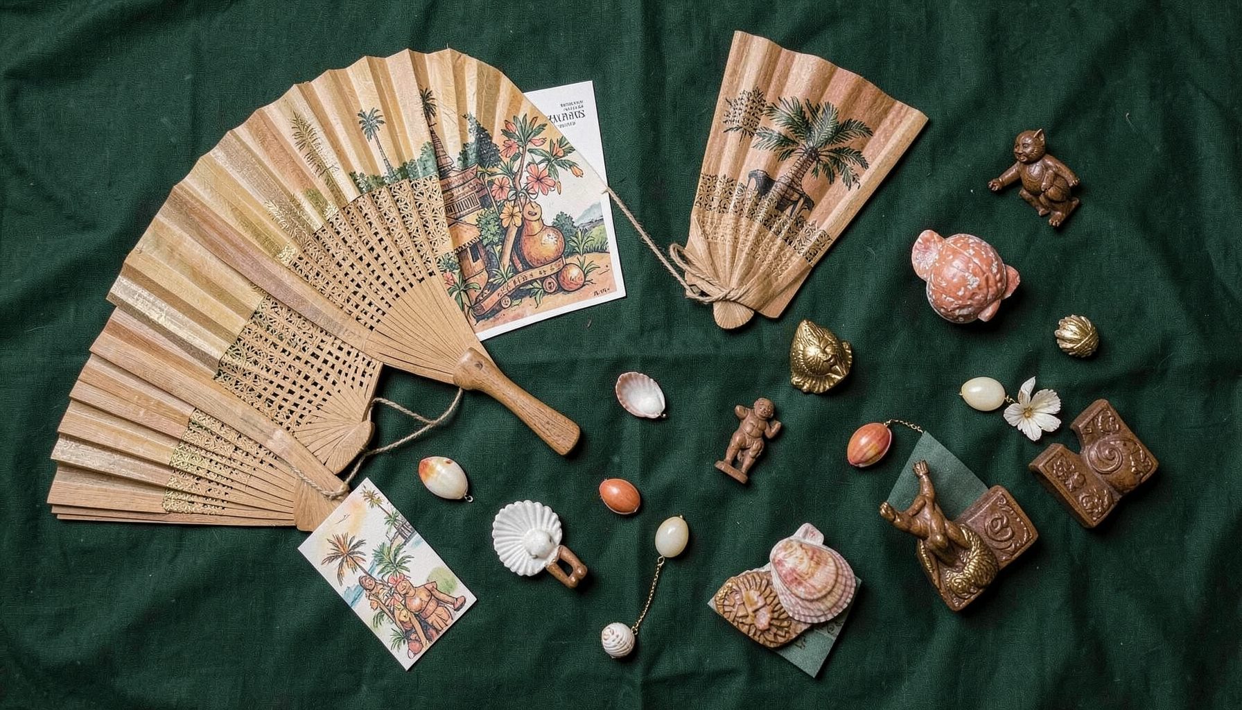 A flat-lay composition of Philippines-themed gifts spread across a dark green linen backdrop — woven fans and hand-painted crafts