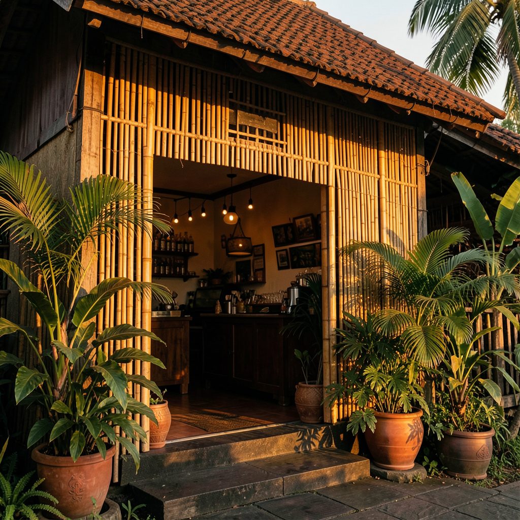 A warm, inviting scene of a Philippine storefront at golden hour, with bamboo accents and tropical greenery framing the entrance