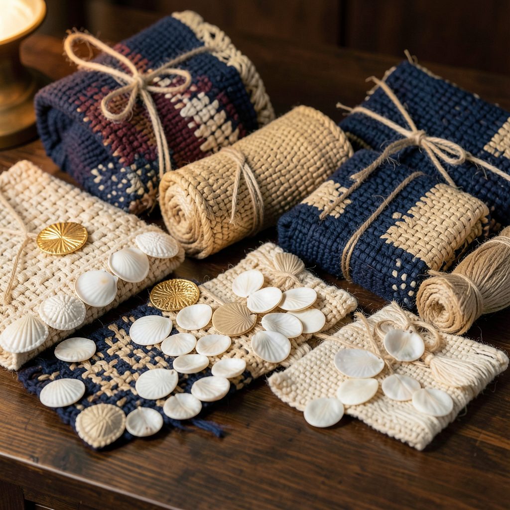 A warm, softly lit arrangement of handcrafted Filipino gift items on a dark wooden surface — woven textiles and capiz-shell accents