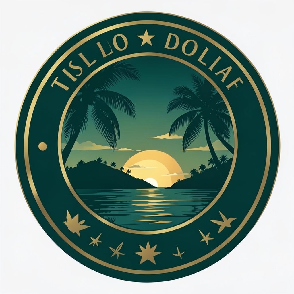 Circular emblem in deep emerald and gold tones, evoking a tropical sunset over island silhouettes