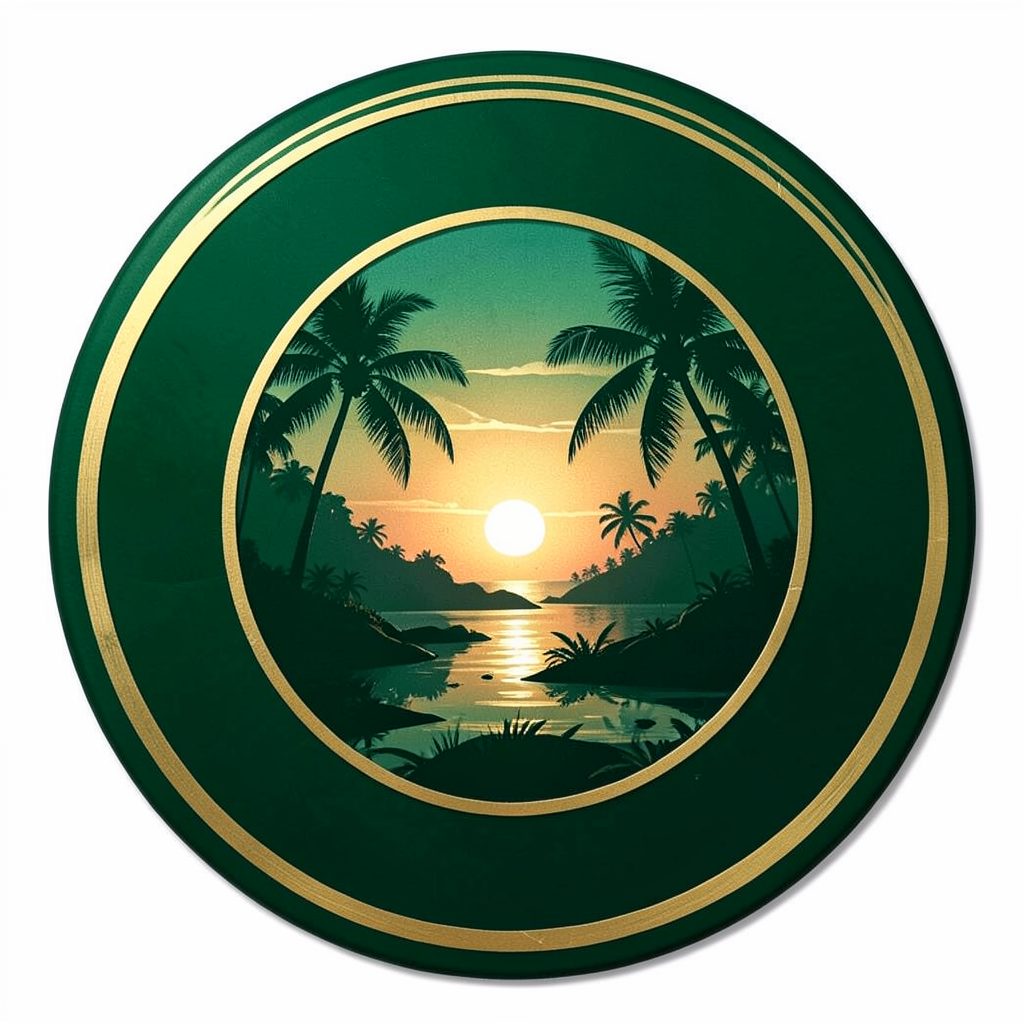 Circular emblem in deep forest green and gold, evoking a tropical sunset over island silhouettes