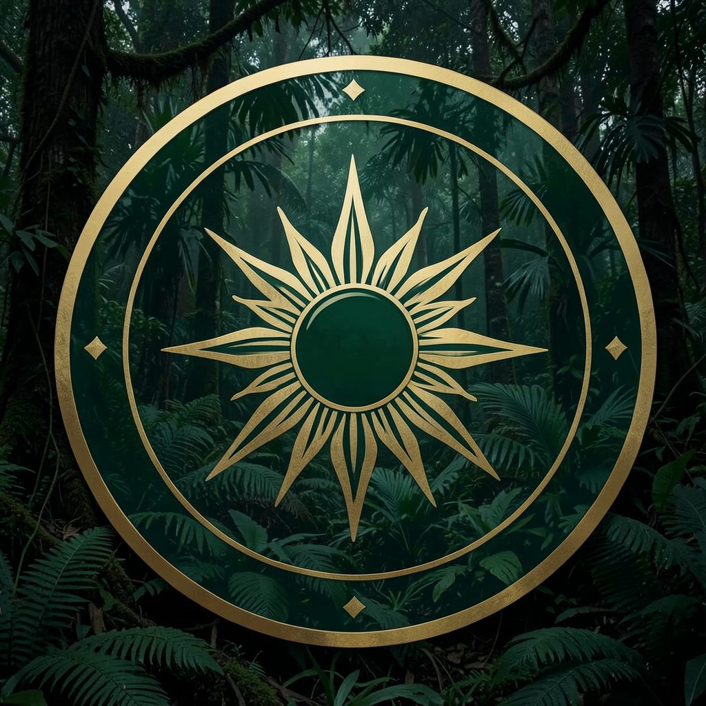 Circular emblem in deep forest green and gold, featuring a stylized Philippine sun motif