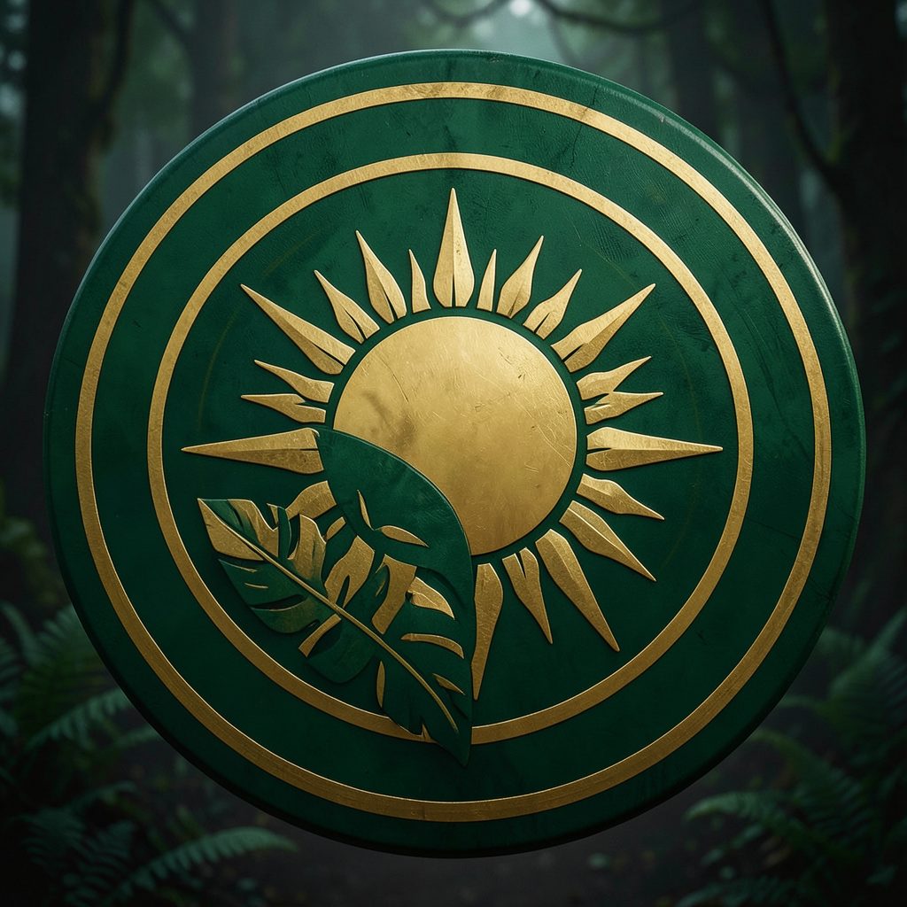 Circular emblem in deep forest green and gold, featuring a stylized sun motif and tropical leaf silhouette