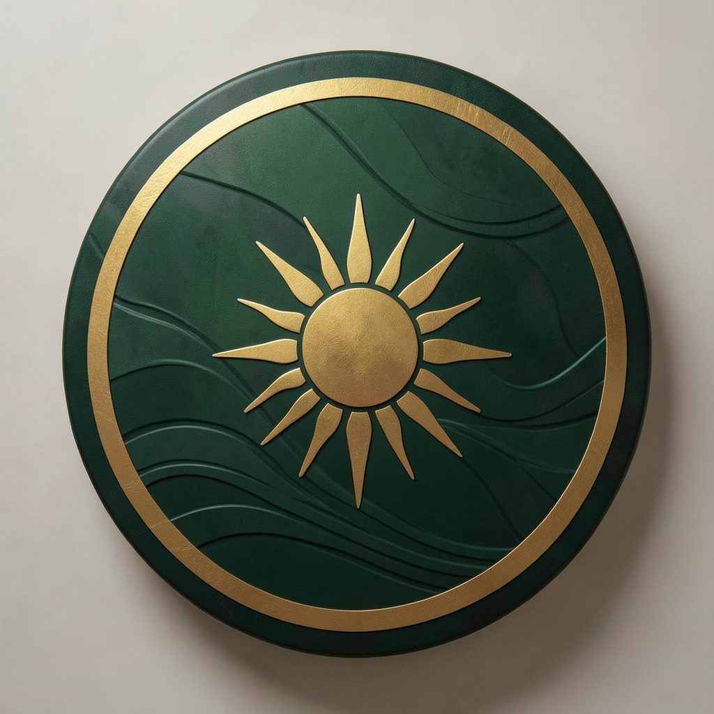 Circular emblem in deep forest green with a golden sun motif and subtle wave patterns