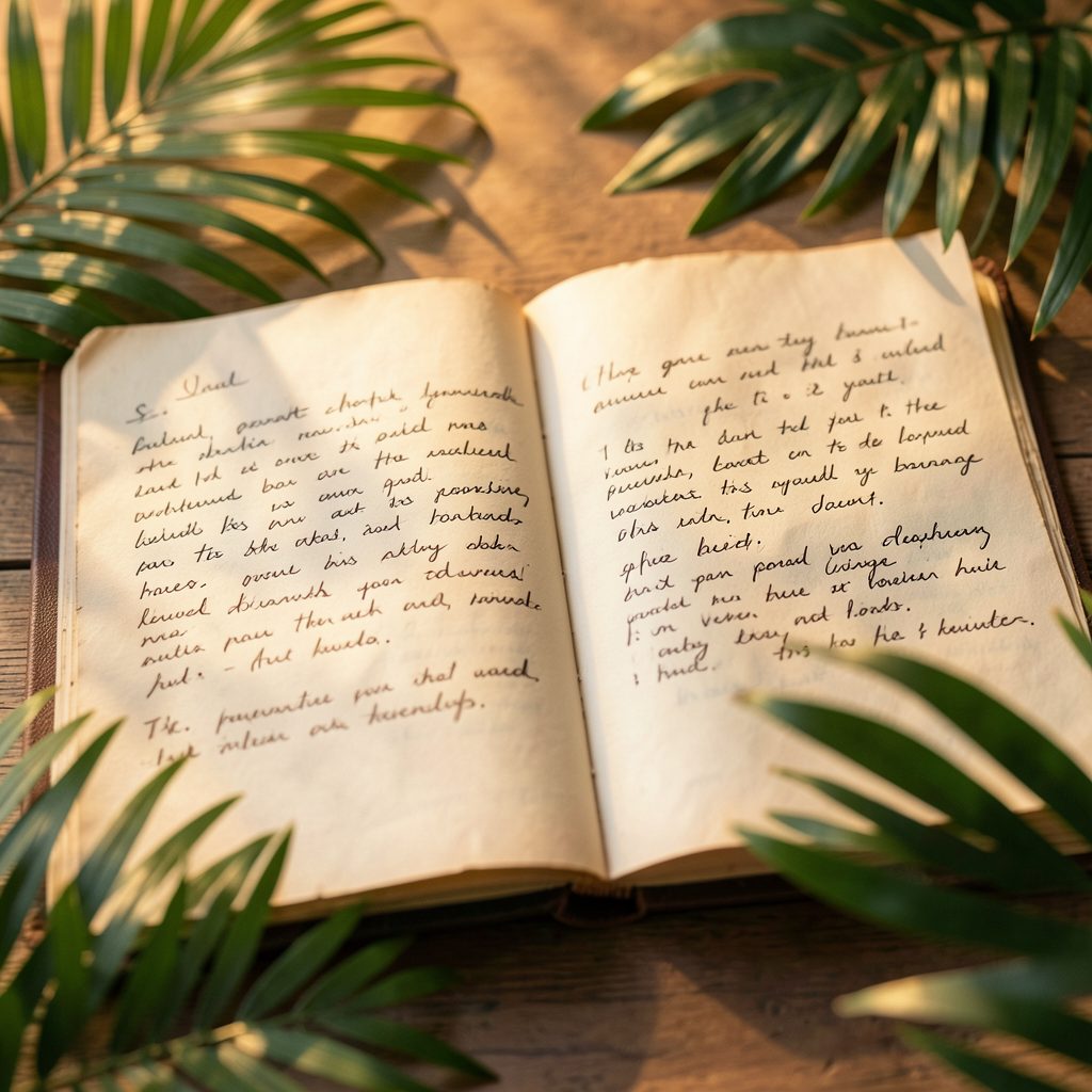 Open guest book with handwritten notes on aged paper, warm golden light, tropical foliage framing the scene in soft green tones