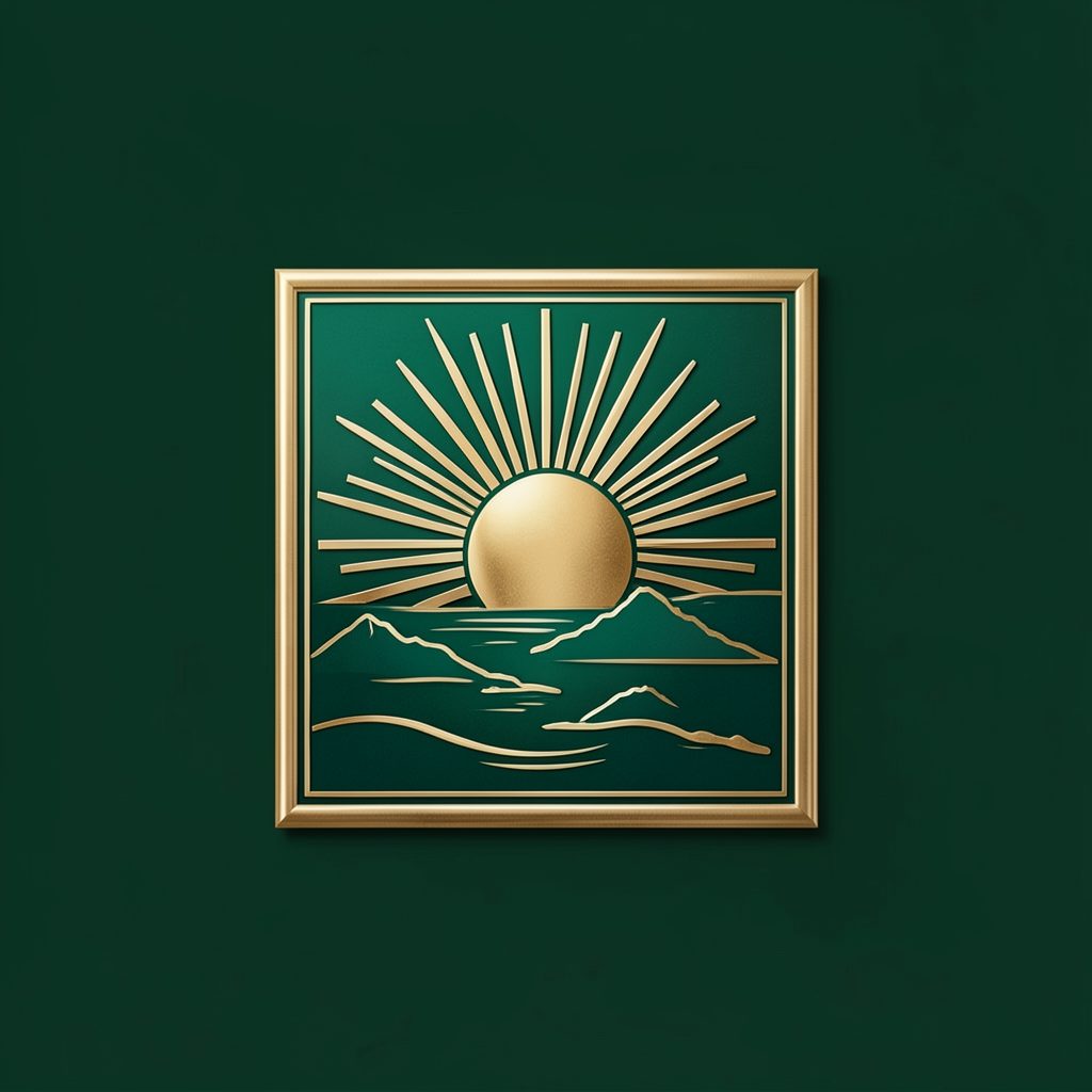 Square emblem in rich emerald and gold tones featuring stylized Philippine sun rays and island silhouettes on a dark green background