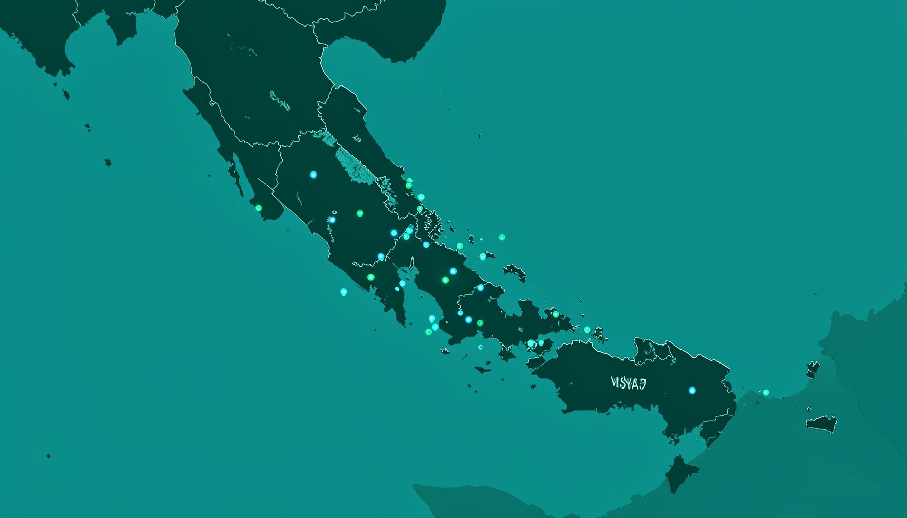 Stylized map of the Philippine archipelago in deep teal and emerald tones, with glowing marker dots scattered across Luzon, Visayas, and Mindanao