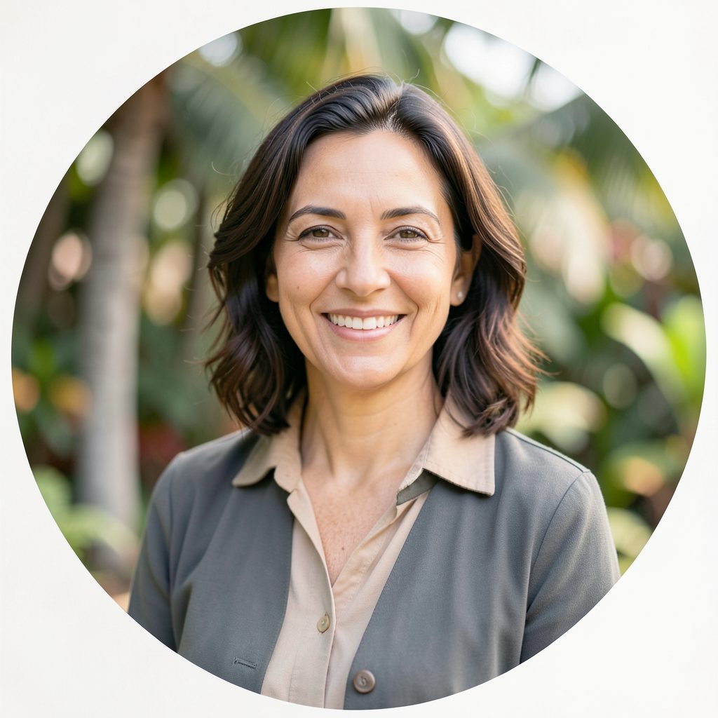 Warm circular portrait in soft earth tones and muted greens, suggesting a friendly community ambassador against a blurred natural backdrop