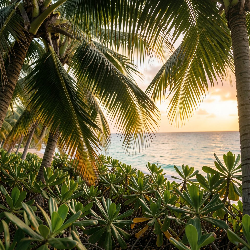 Warm tropical scene with soft golden light filtering through palm fronds and deep green foliage